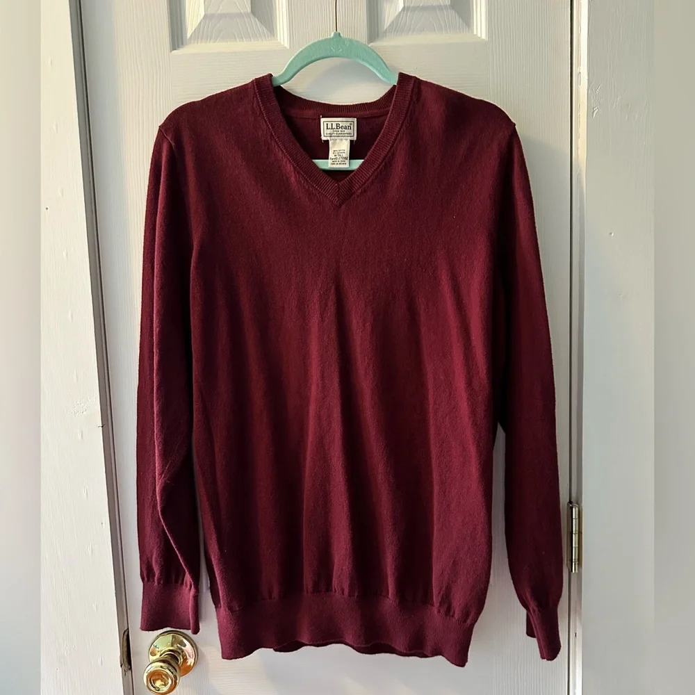 L.L.Bean Burgundy Cotton Cashmere V-Neck Sweater | Cottagecore Preppy | M Tall